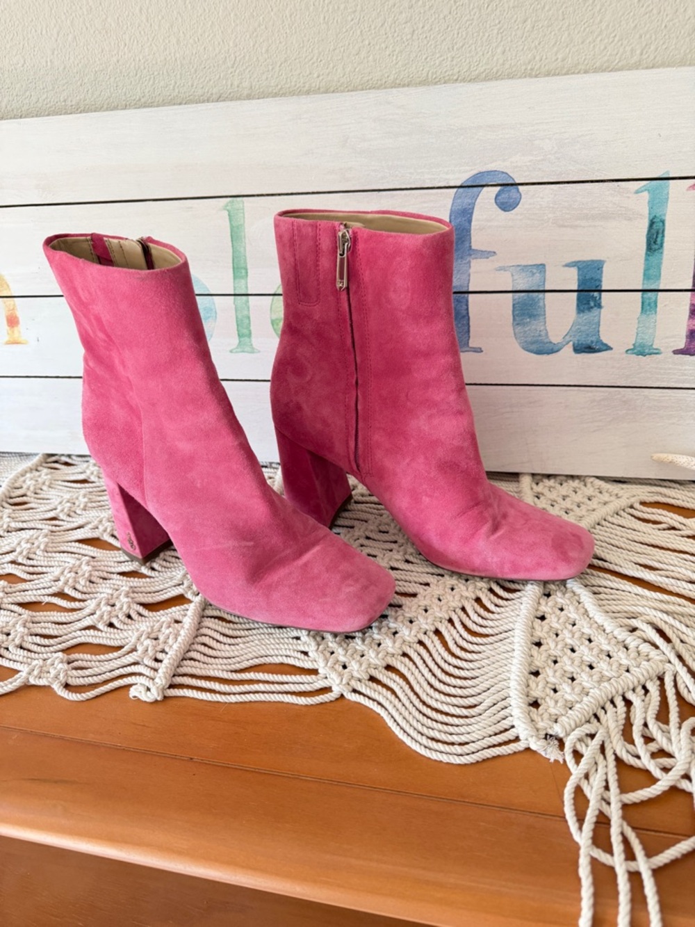 Sam Edelman Pink Suede Mid Ankle Booties, size 8